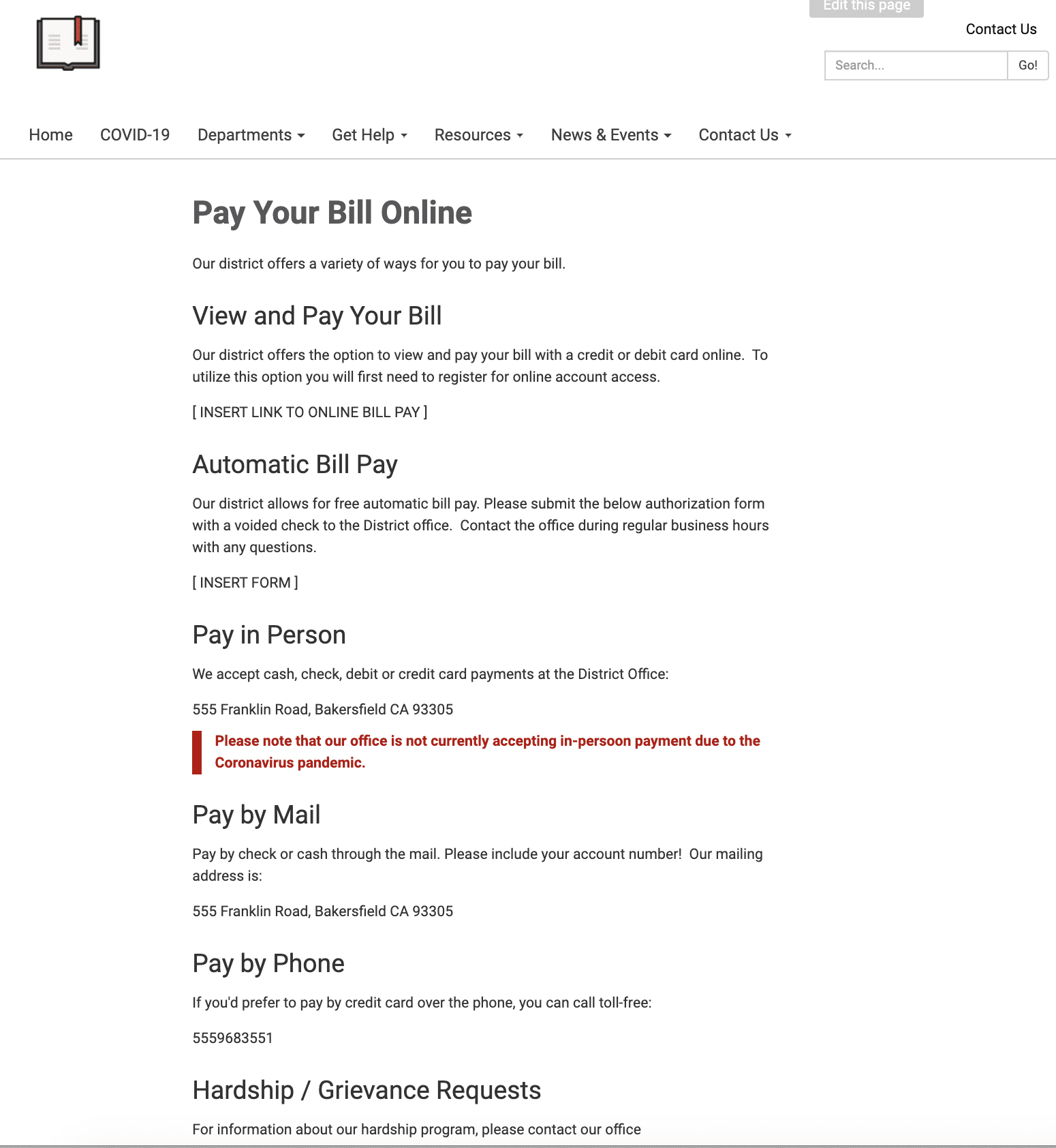 Online bill pay explainer template page
